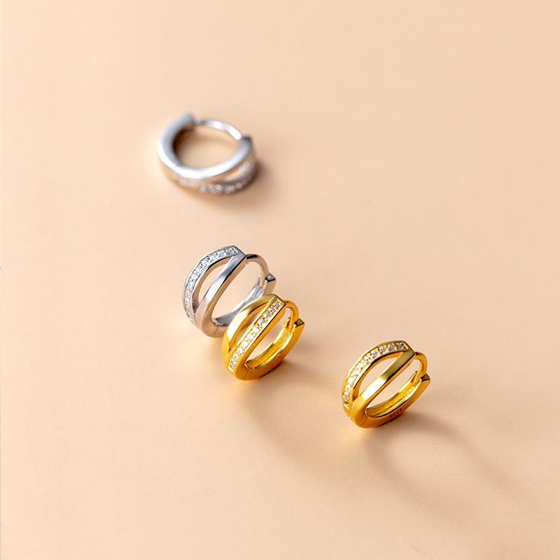 silver hollow-out double-layer diamond ear buckle women's small simple earrings niche design temperament_voghion.com