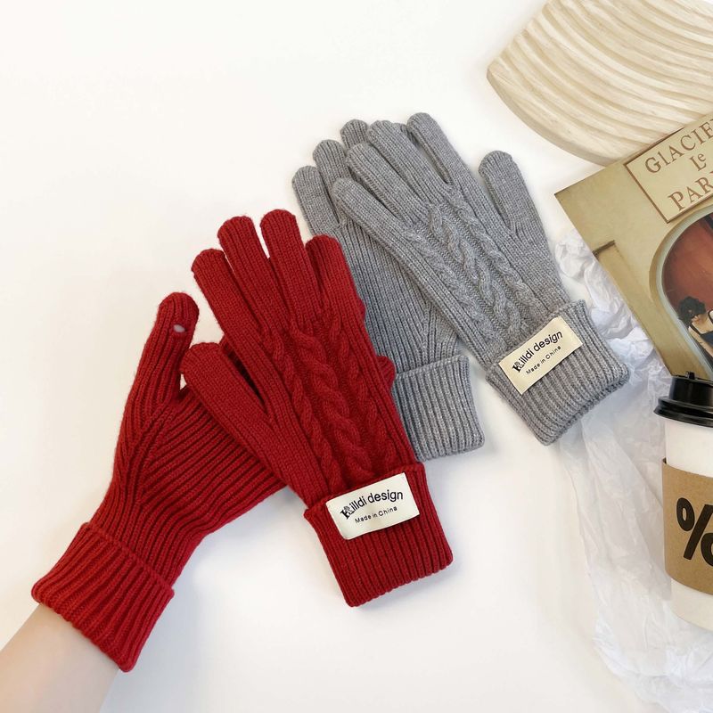 Solid color gloves, winter women's exposed finger mobile phone touch screen, knitted sweater, thickened warmth for_voghion.com