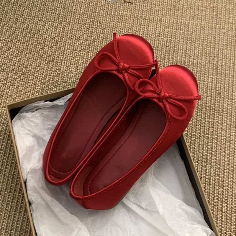 Rote flache einzelne Schuhe für Frauen im Frühjahr im neuen französischen Stil, sanfte Fee, runde Zehenpartie, Ballett-Flache Loafer_voghion.com