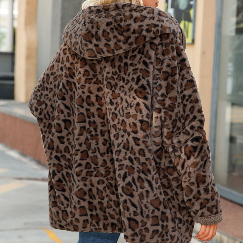 Casaco feminino com capuz, manga comprida, bolso solto, comprimento médio, plush, estampa de leopardo_voghion.com