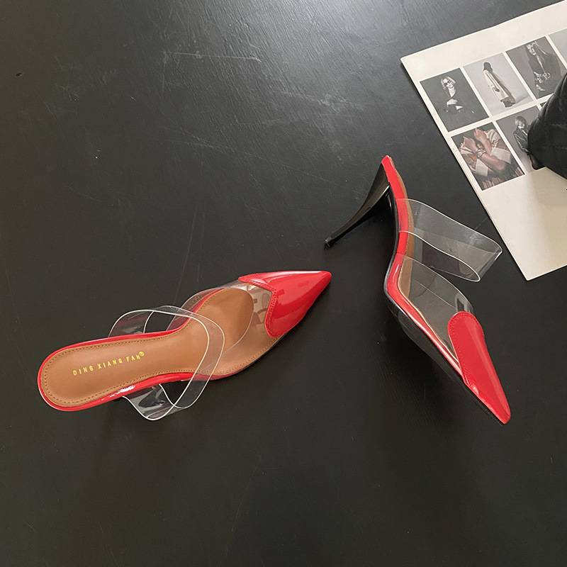 Ladies new pointed shallow mouth love stitching PVC high heel sandals_voghion.com