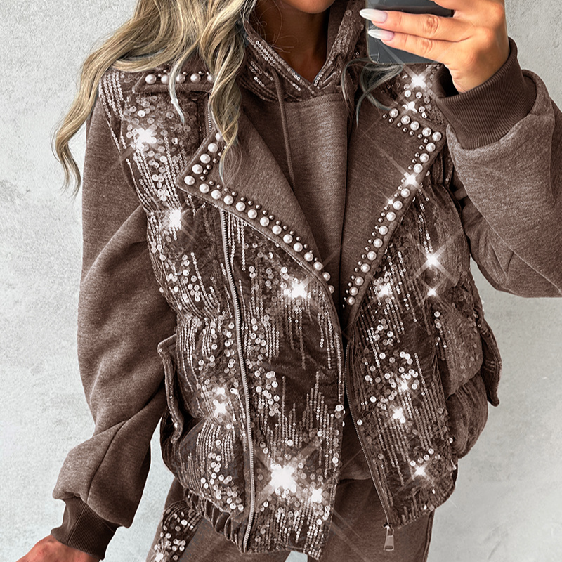 Abbigliamento donna Moda Abbigliamento donna Gilet in cotone con risvolto di perline Completo tre pezzi_voghion.com