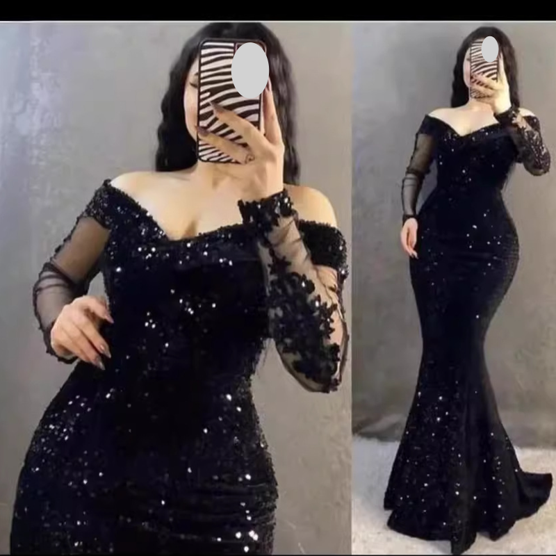 Women's Clothing New Velvet Sequin Long Sleeve Lace Flower Fishtail Long Skirt Autumn and Winter Slim Hip Dress SST208_voghion.com