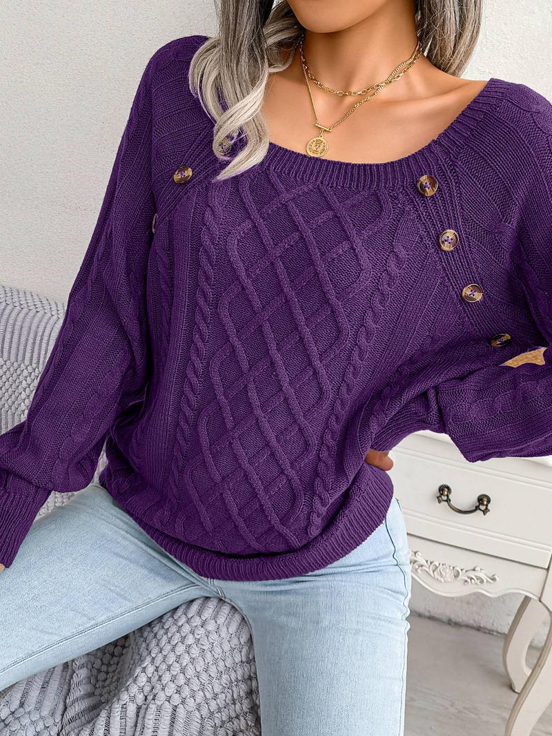 Womens Autumn Winter Cable Knit Sweater Solid Color Square Neck Buttons Long Sleeve Ribbed Knitted Pullover Loose Jumpers Tops_voghion.com