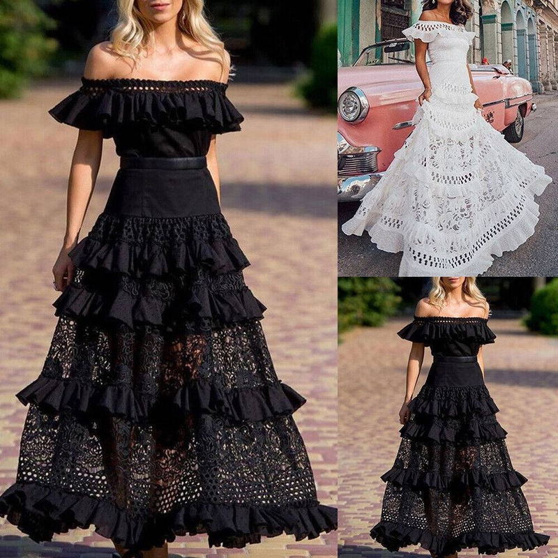 Damenbekleidung Einschultriges Rüschen Hohl Großes Swing Spitzenkleid Langer Rock_voghion.com