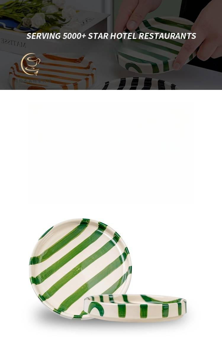 Hand-Painted Ceramic Plate - 9 Inch Korean Style Striped Dessert Plate With Raised Edge For Food Presentation (Set Of 4)_voghion.com