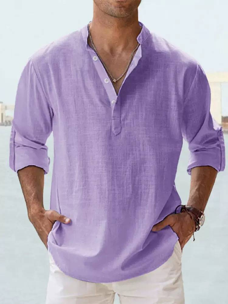 2025 Men's Linen Stand Collar Long-sleeved T-shirt, Loose-fitting Undershirt, Pure Color Long-sleeved Shirt_voghion.com