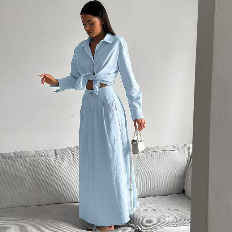 Completo camicia da donna alla moda - Elegante camicetta a maniche lunghe con gonna midi a vita alta, completo da ufficio e casual, a righe blu/semplice, S/M/L_voghion.com
