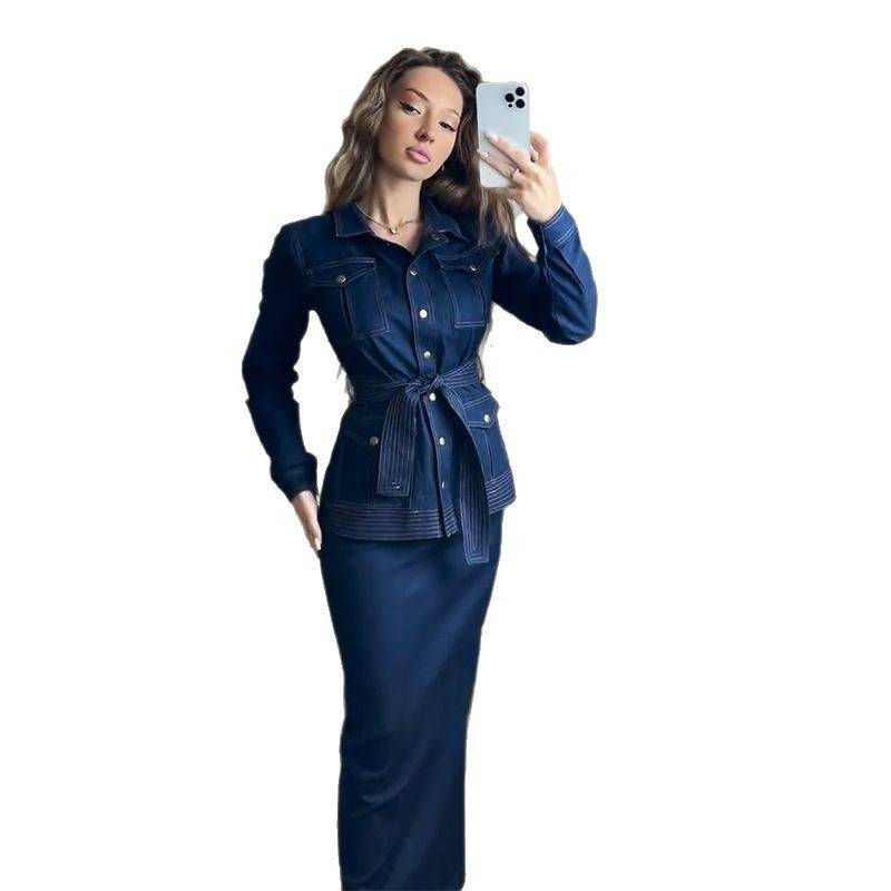 Abito elegante in denim con cintura e abbottonatura a maniche lunghe, da donna, colore blu, XS-XXXL, per ufficio e abbigliamento casual_voghion.com