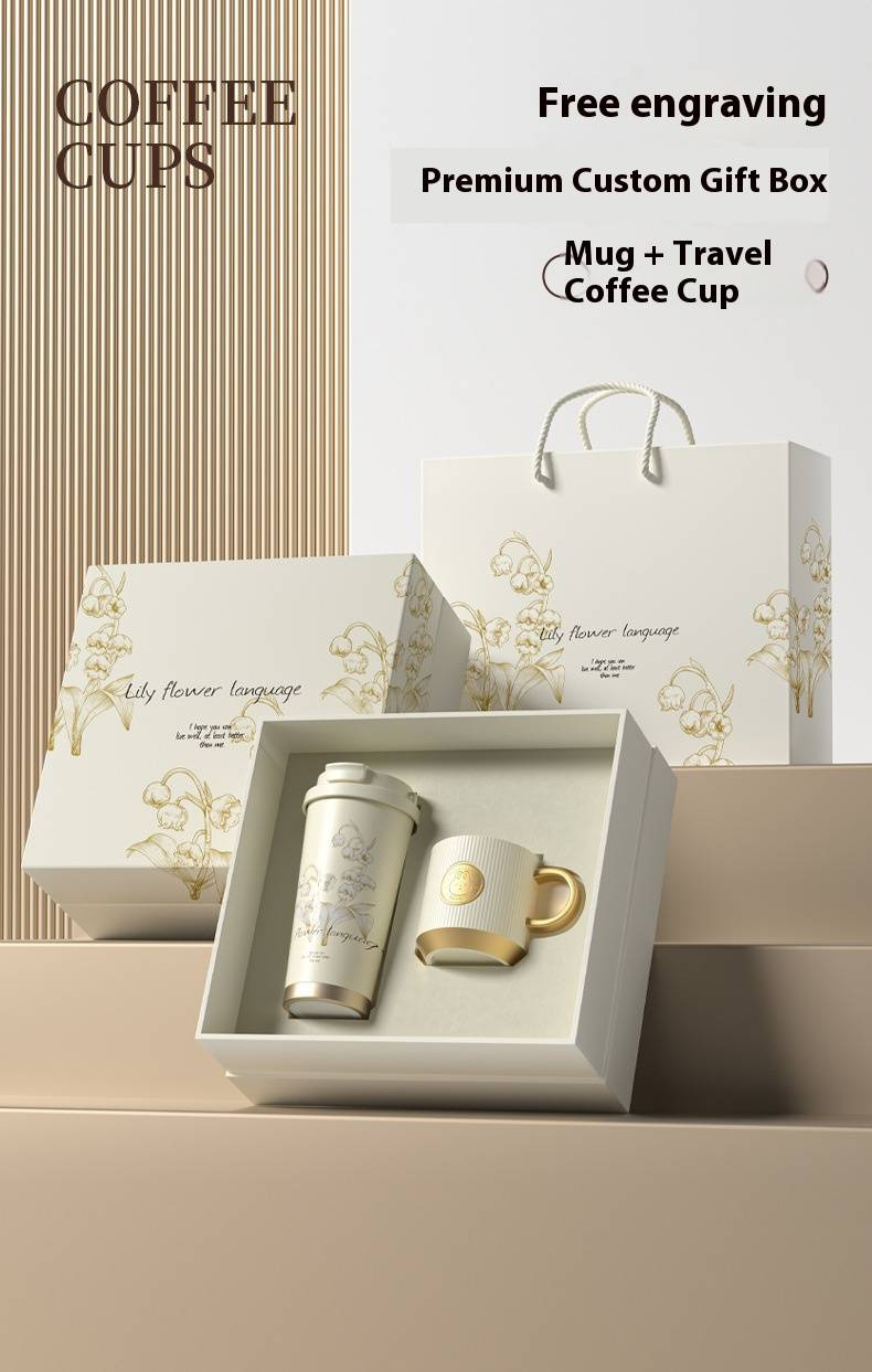 Set regalo per caffè Lily Of The Valley - Elegante bicchiere da viaggio in ceramica e acciaio inossidabile con cucchiaino (530 ml, tazza da ufficio e da auto, a prova di perdite, confezione regalo)_voghion.com