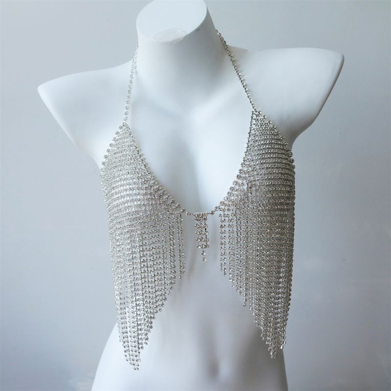 Set di reggiseno bikini con strass e catena per il corpo con frange, gioielli da donna, per feste in discoteca, outfit glamour, catena per il corpo con nappa lucida da discoteca_voghion.com