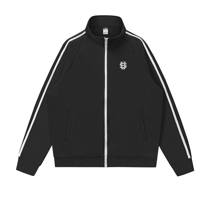 Chaqueta deportiva con cremallera para hombre: abrigo deportivo de cuello alto con bordado de rayas en contraste (S-5XL) | Forro polar 100 % algodón_voghion.com