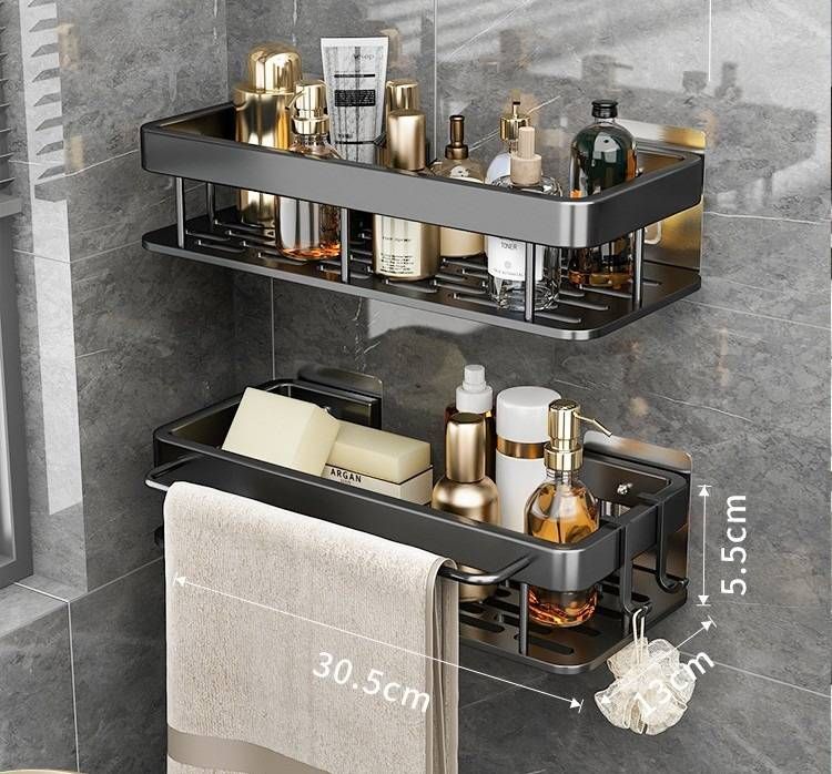 Gunmetal Gray Square Bathroom Wall Shelf – Double Layer No Rod, Heavy-Duty Aluminum, No Drill Bathroom Organizer For Toiletries, Cosmetics_voghion.com