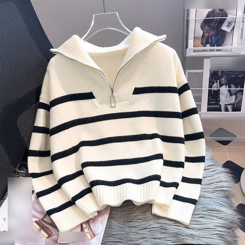 Damenbekleidung im koreanischen Winterstil, übergroßer Kragen, Farbblock-Pullover, Strickpullover mit halbem Reißverschluss_voghion.com