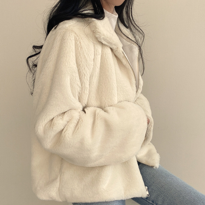Women's lapel zipper plush feeling loose and versatile short style thickened long-sleeved coat for women_voghion.com