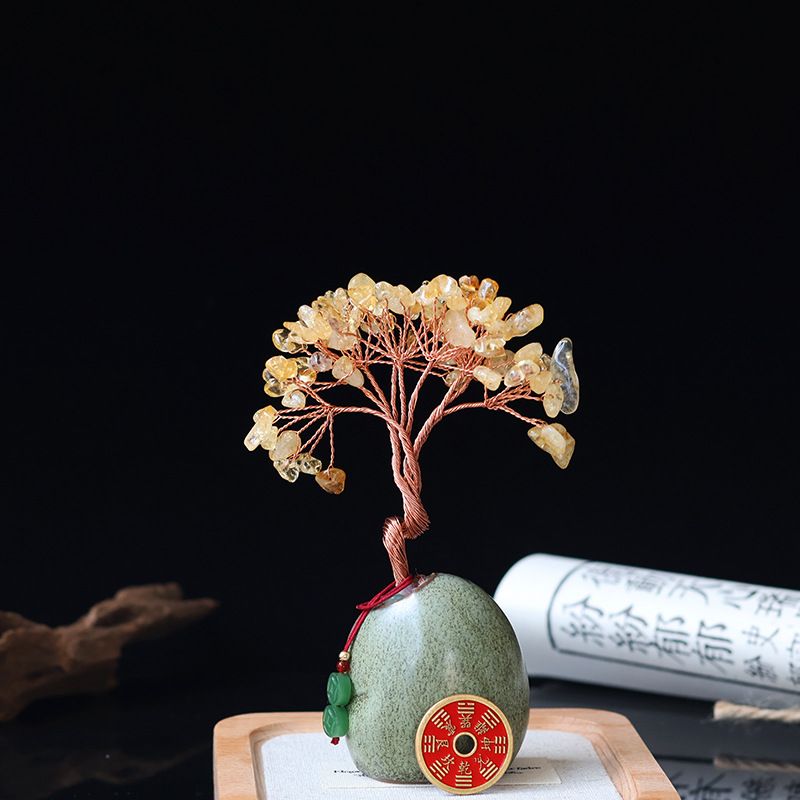 Arbre de la Fortune en Cristal Jaune, Ornement Feng Shui pour Bureau ou Table à Thé, Petit Cadeau Vintage_voghion.com