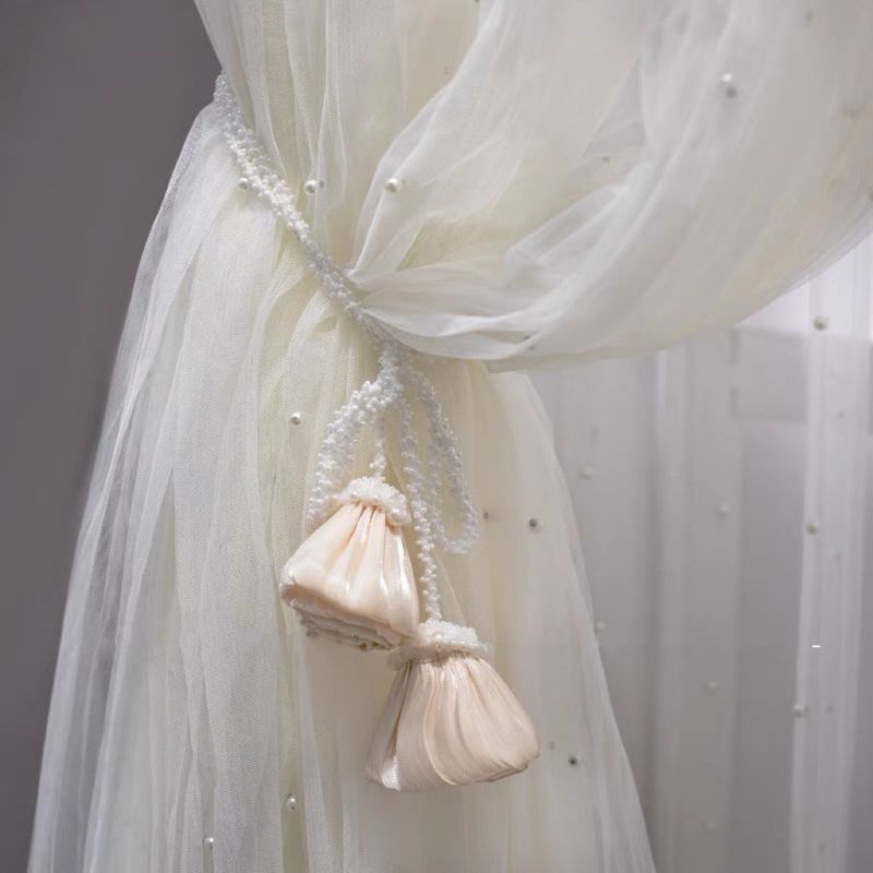 Simple French Style Solid Color Champagne Beaded Sheer Curtain Binding Rope Tiebacks Hanging Bands_voghion.com