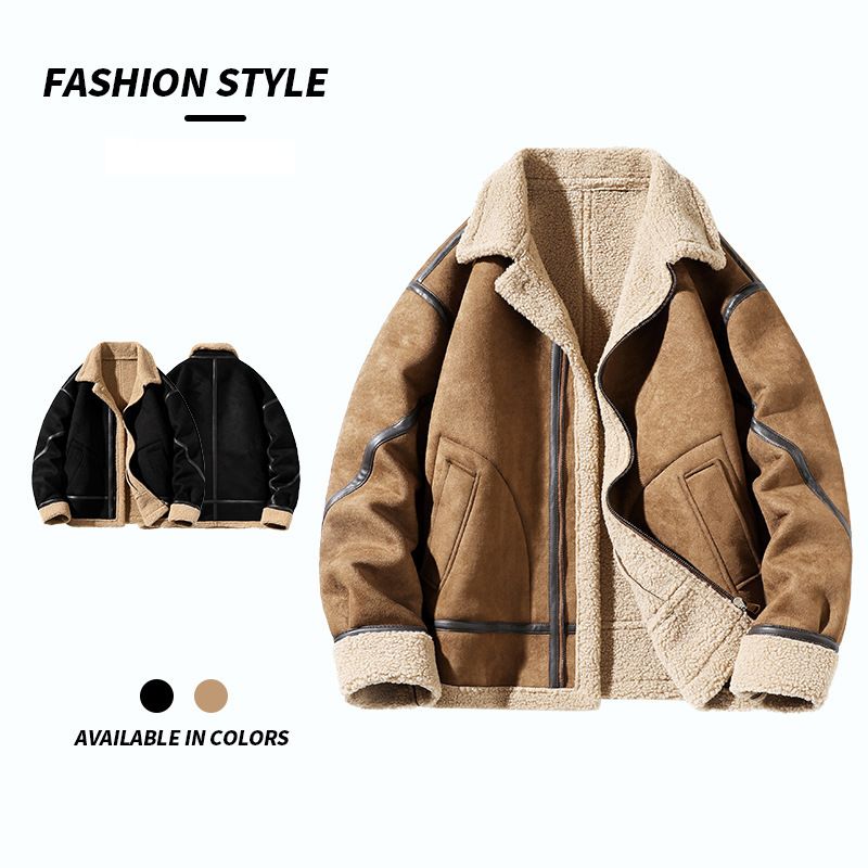 Suède heren trendy merk fleece gevoerde dikke schapenvacht jas losse pasvorm grote maat omslagkraag buiten katoen_voghion.com