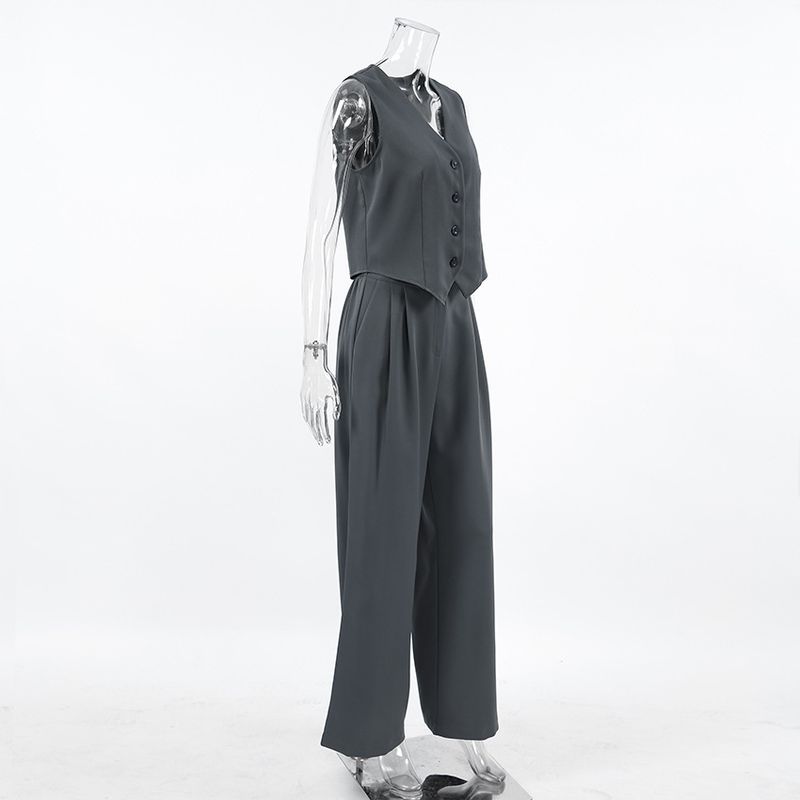 Summer Women's Sleeveless Vest & Pants Set – Office Commuter Outfit, Breathable Polyester Blend, Grey & Brown_voghion.com