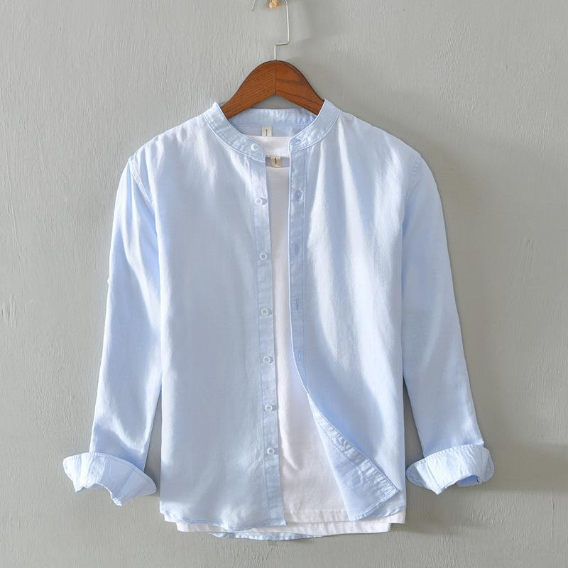 L606 Camicia a maniche lunghe bianca versatile in cotone e lino, casual e professionale, per uomo_voghion.com