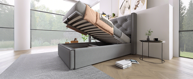 Lit simple avec rangement hydraulique 90 x 200 cm, matelassé avec sommier à lattes métalliques, cadre de lit moderne en coton gris._voghion.com