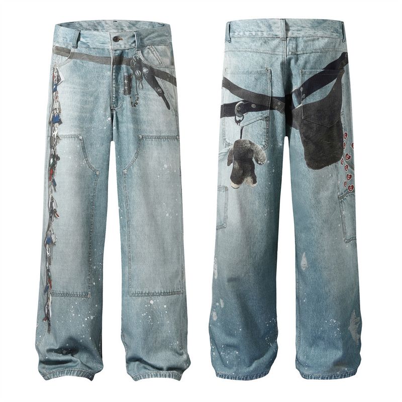 Herenkleding 3D Digitaal Bedrukte Denim Broek Heren Hip Hop Street Trend Gewassen Oude Inkt Spatten Losse Wijde Pijpen Rechte Broek_voghion.com