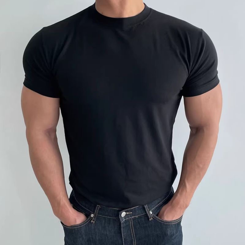 Herrenbekleidung Sommer-T-Shirt mit kleinem Ausschnitt Slim Fit Kurzarm Muskelanzug_voghion.com