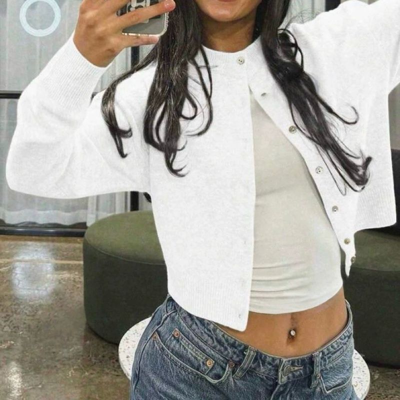 Cardigan in maglia morbido con scollo rotondo e bottone singolo da donna, cappotto in maglia tinta unita, top casual alla moda_voghion.com