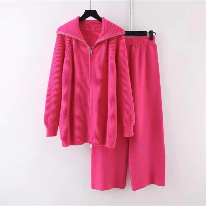 Maglione alla moda per le donne Autunno Inverno Nuovo stile Doppia cerniera Top Vita alta Pantaloni a gamba larga Set due pezzi_voghion.com