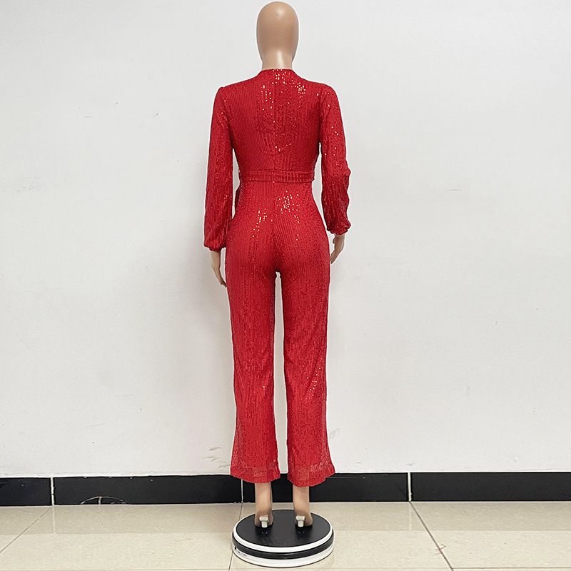 Damkläder Ins Style Deep V Mode Casual Jumpsuit Långärmat Bälte Paljett Jumpsuit Dam_voghion.com