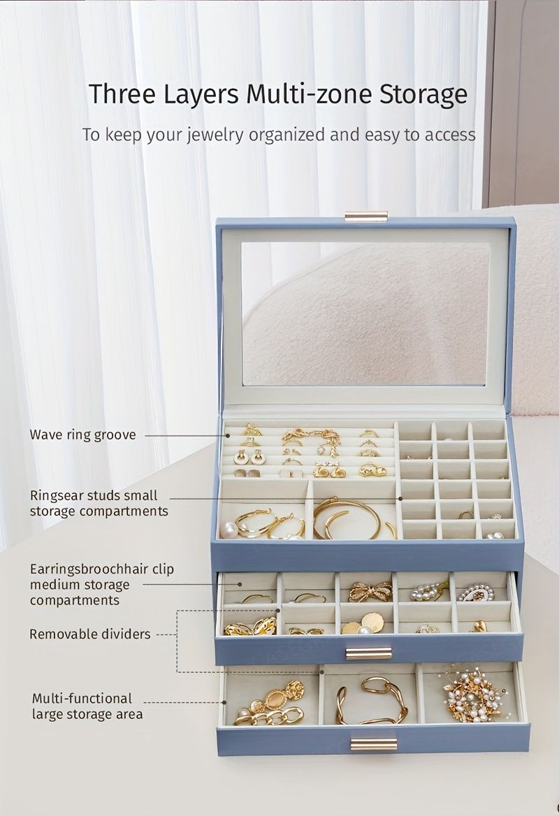 CASEGRACE 1 pz. Grande 26,42 cm, portagioie trasparente con coperchio ribaltabile - Doppio cassetto in pelle_voghion.com