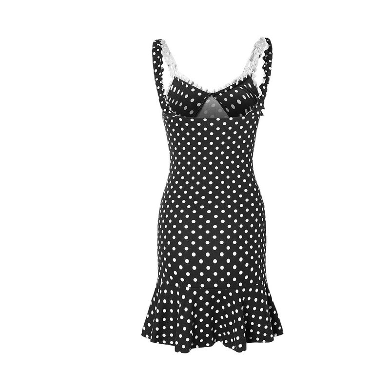 Women's Fashion Strap Mini Dress - Sexy V-Neck Summer Dress With Polka Dot Print, Lace Trim, And Stretchy Fabric For Casual & Night Out_voghion.com