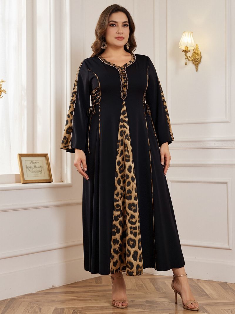 Elegante abito abaya musulmano da donna con finiture leopardate – Abito lungo a maniche lunghe e sobrio per donna, taglie forti 0XL-5XL_voghion.com