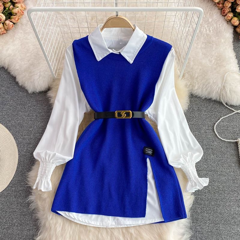 Damenbekleidung Frühling und Herbst Langärmliger Anzug für Damen, weißes Hemd, Pullover, Weste, altersreduzierendes lockeres Strickwestenhemd, zweiteiliger Anzug_voghion.com
