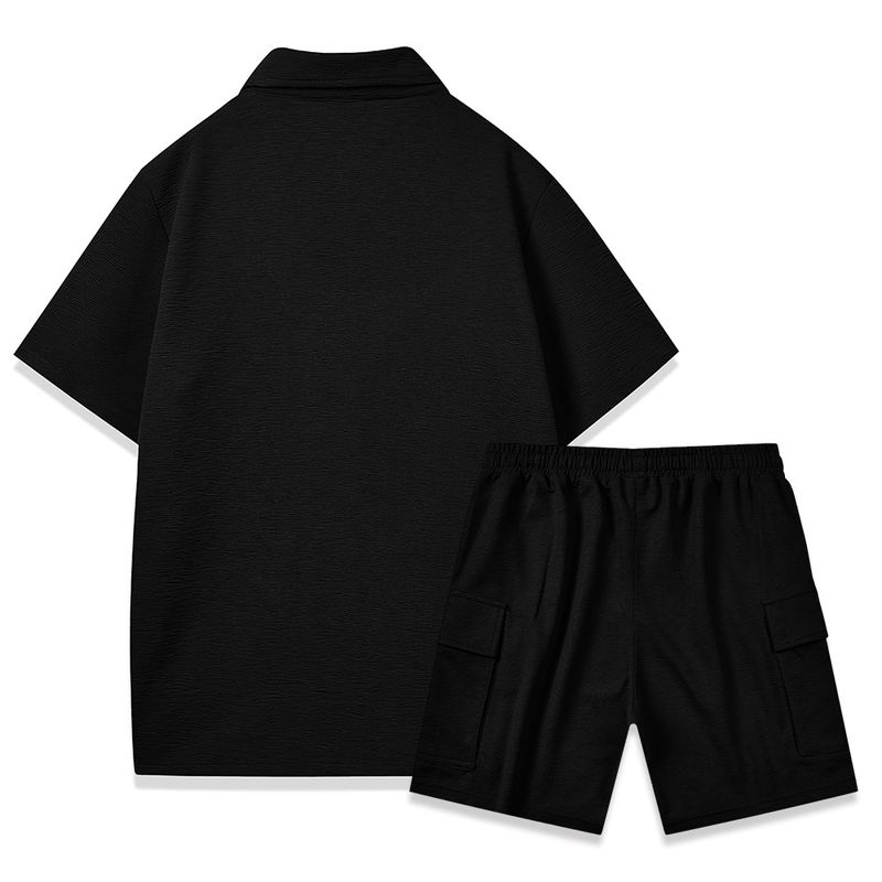 Men's Clothing summer new men's cardigan clear texture shirt drawstring elastic waist shorts plain color light mature two piece suit_voghion.com