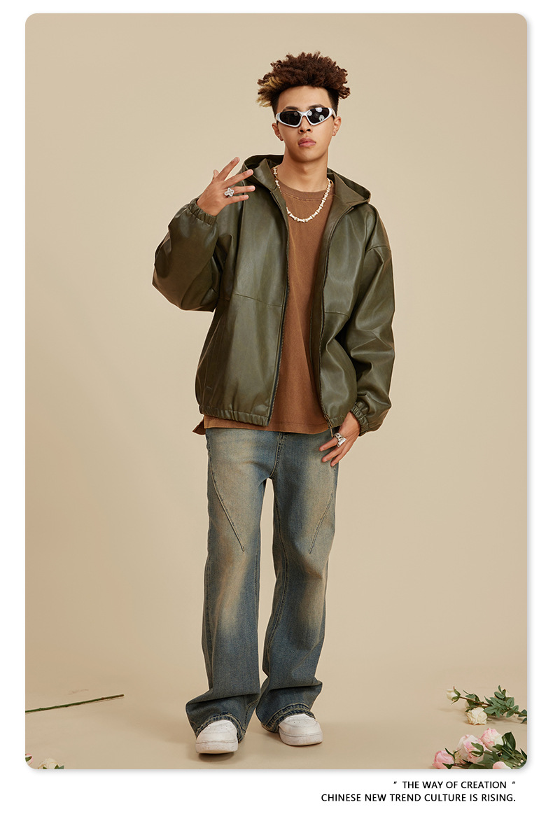 Męska kurtka skórzana w stylu retro o dużej sylwetce Kurtka typu Loose Tide_voghion.com