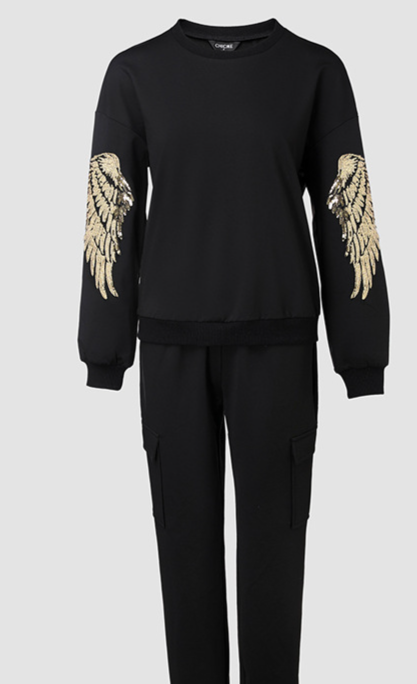 Vêtements pour femmes LZS7514M Ensemble haut + pantalon décoré d'ailes à paillettes pour femmes 2 pièces_voghion.com