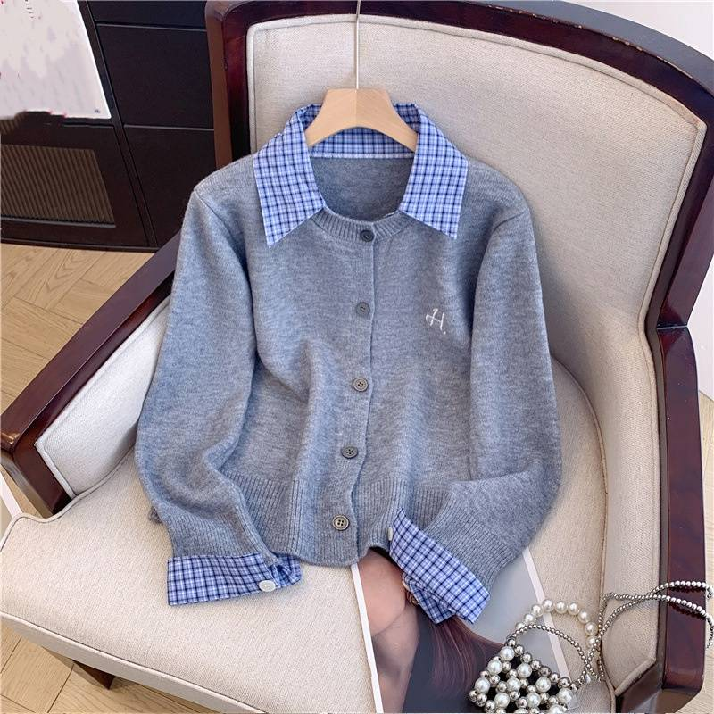 Damenbekleidung Dreizehn Linien Zweiteiliger Polokragen Nähte Langärmliger Strickpullover Damen Lockerer Kurzer Cardigan Trend_voghion.com