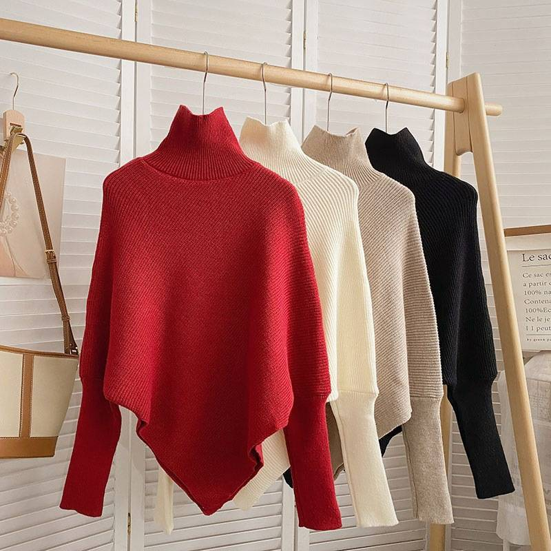 Women's Clothing High Collar Red Sweater Autumn And Winter New Slim Solid Color Long Sleeve Knitted Top Trend_voghion.com