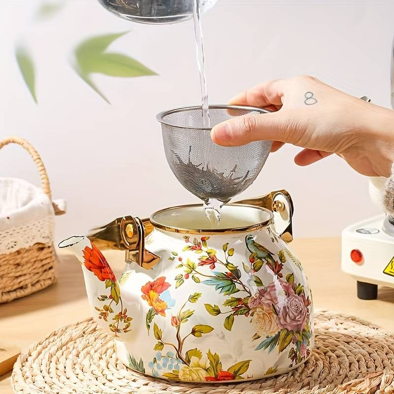Enamel Kettle 40.58 oz - Multipurpose teapot and kettle with strainer, perfect for gift giving and festive occasions_voghion.com