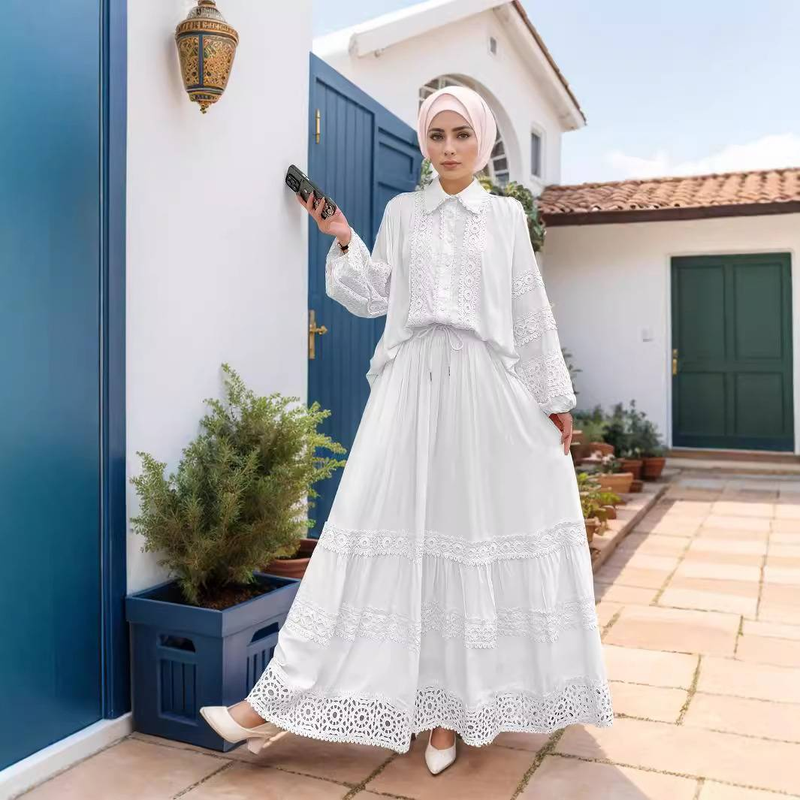 Women's Clothing Lace Applique Shirt + Loose Skirt Long Skirt Two Piece Suit_voghion.com