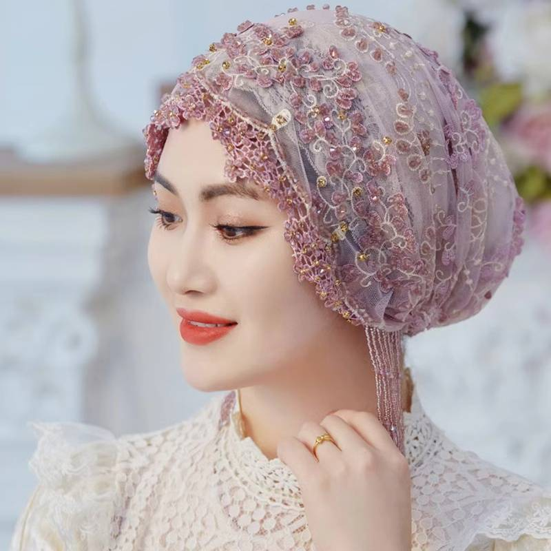 Ethnic Style Hat Saree Cover Head Silk Embroidery Heavy Handmade Sleeve Tassel Headband Hair Covering Hat_voghion.com
