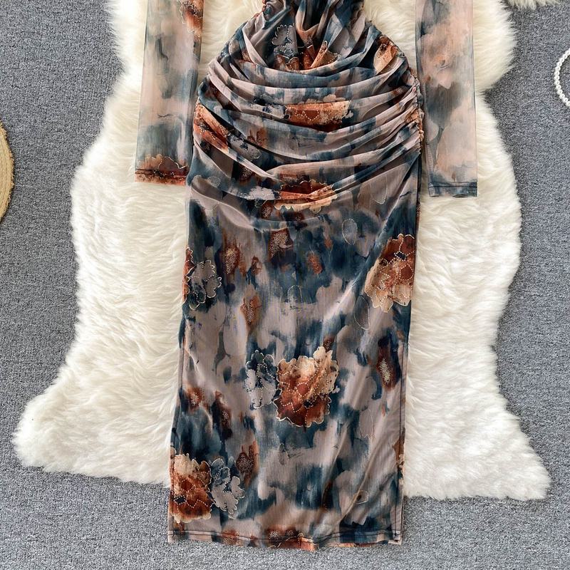 Rochie de seară elegantă cu mânecă lungă, cu guler pătrat și imprimeu, plisată, subțire, cu crăpături feminine, stil hip_voghion.com