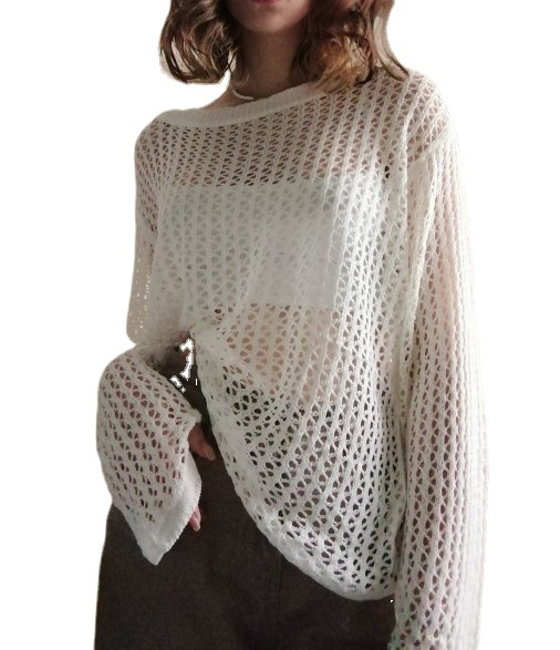 Casual Weiß Pullover Pullover Aushöhlen Fishnet Sommer Mode Lose Smock Langarm Y2k Löcher Hemd Frauen Harajuku_voghion.com