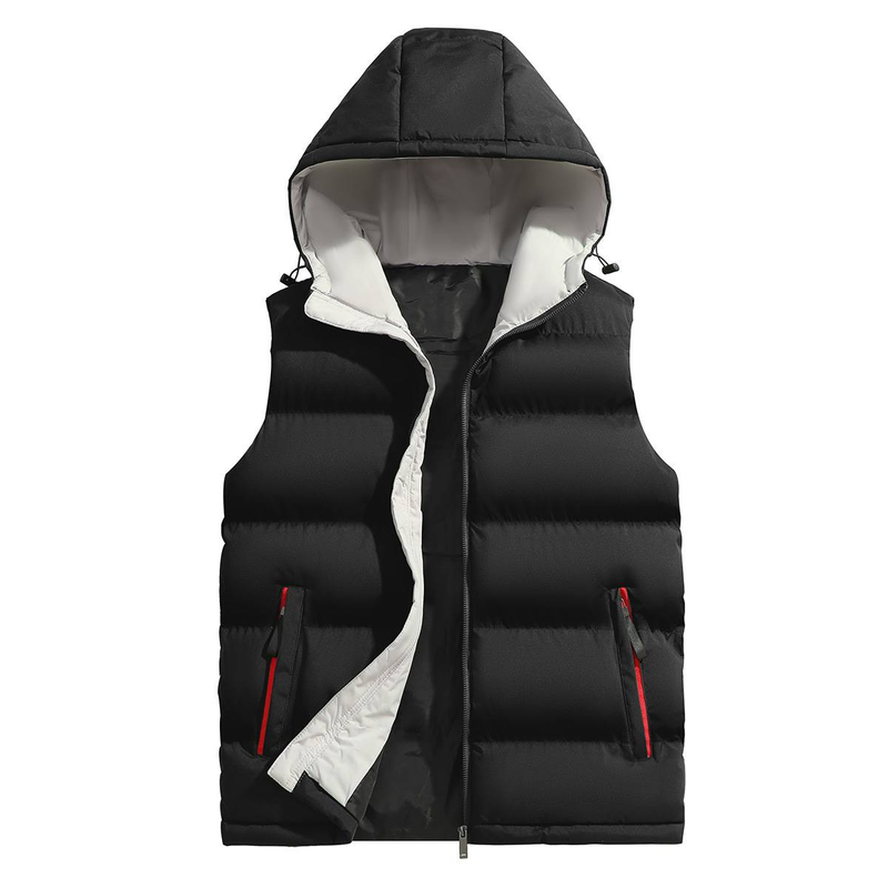 Herren-Kapuzenweste für Herbst und Winter, lässige ärmellose Weste mit Reißverschluss, leichte Sportoberbekleidung, Seitentaschen, Polyestermischung (Schwarz_voghion.com