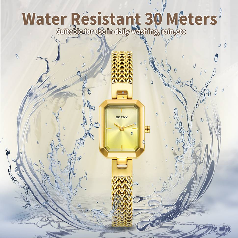 BERNY Small Gold Watches For Women Dainty Luxury Ladies Analog Quartz Bracelet Watch Rectangular Case Stainless Steel Waterproof Minimalist Wristwatch_voghion.com