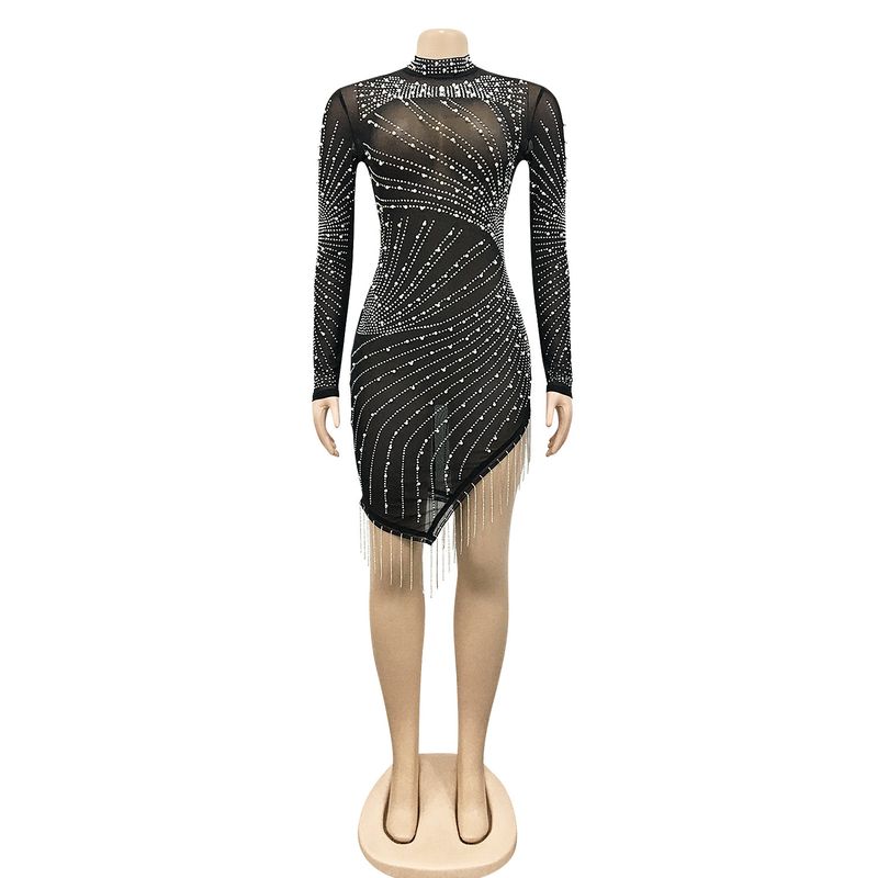 Sexy Damen-Nachtclubkleid aus Mesh, durchsichtig, mit heißen Diamantperlen, Quasten, Rundhalsausschnitt und langen Ärmeln_voghion.com