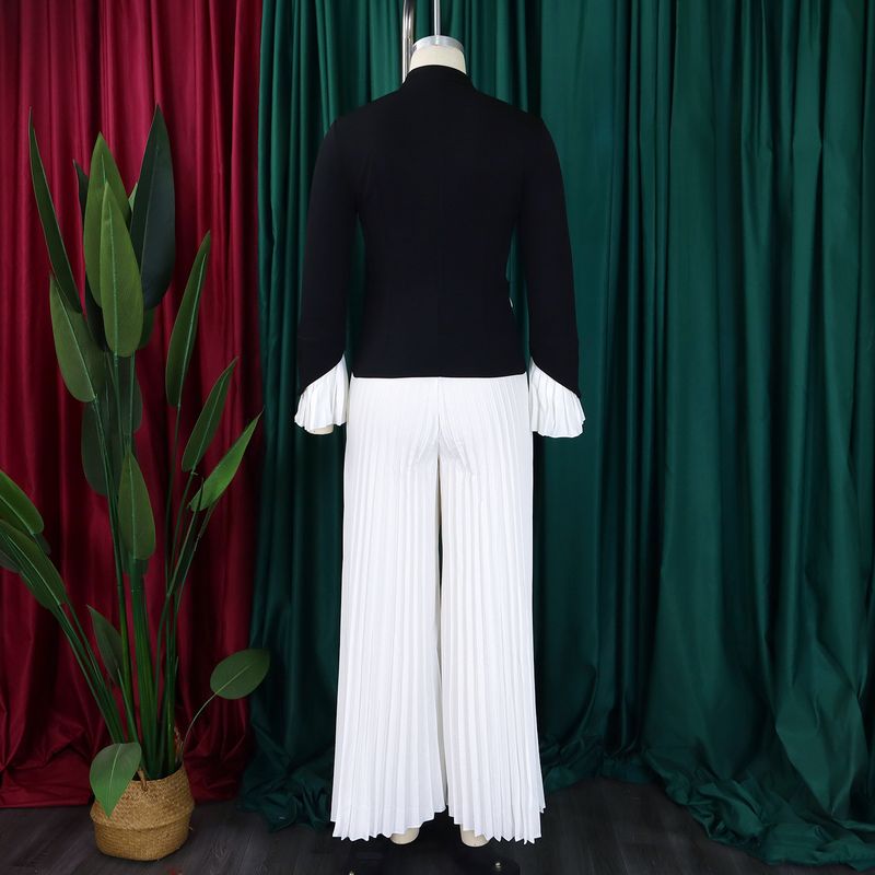Women’s Clothing Spring New Fashion Trumpet Sleeve Top Pleated Wide Leg Pants African Two Piece Suit_voghion.com