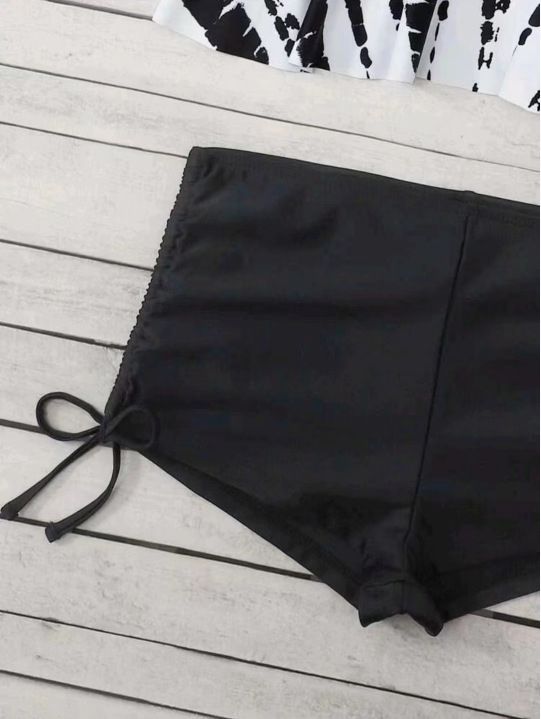 Damen Shell Zweiteiliger Badeanzug Bedruckter Push-Up-Bikini High-Waist Boyshorts Bademode Kordelzug Rückenfrei Hot Girl_voghion.com