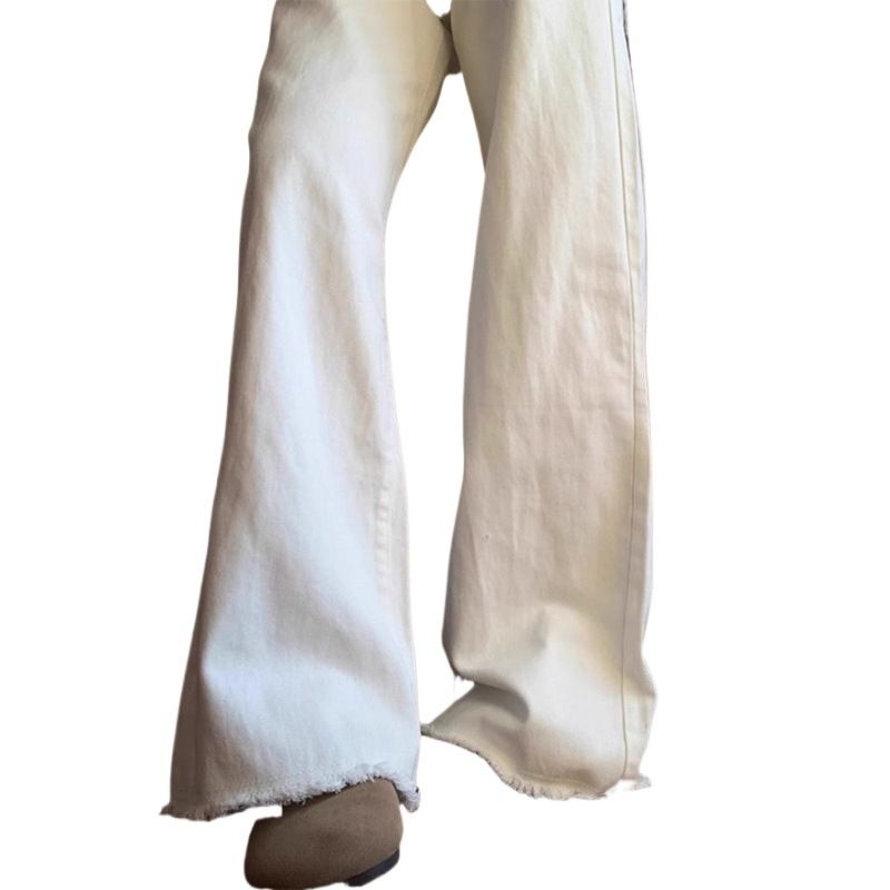Witte flared jeans voor dames, lente en herfst, hoge taille, afslankend, bootcut, petite, plus size, rondingen, gerafelde zoom_voghion.com